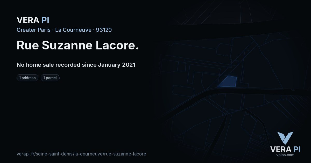 Rue Suzanne Lacore, La Courneuve at night – every parcel coloured by the prices around it, the street's own parcels lit