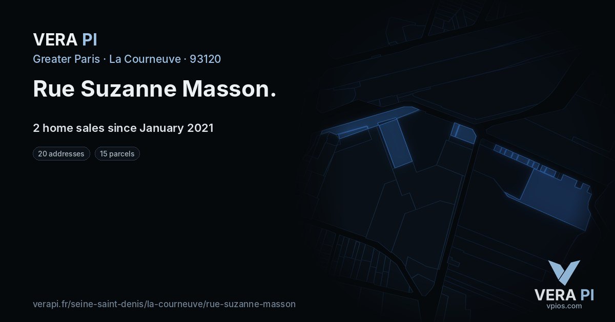 Rue Suzanne Masson, La Courneuve at night – every parcel coloured by the prices around it, the street's own parcels lit