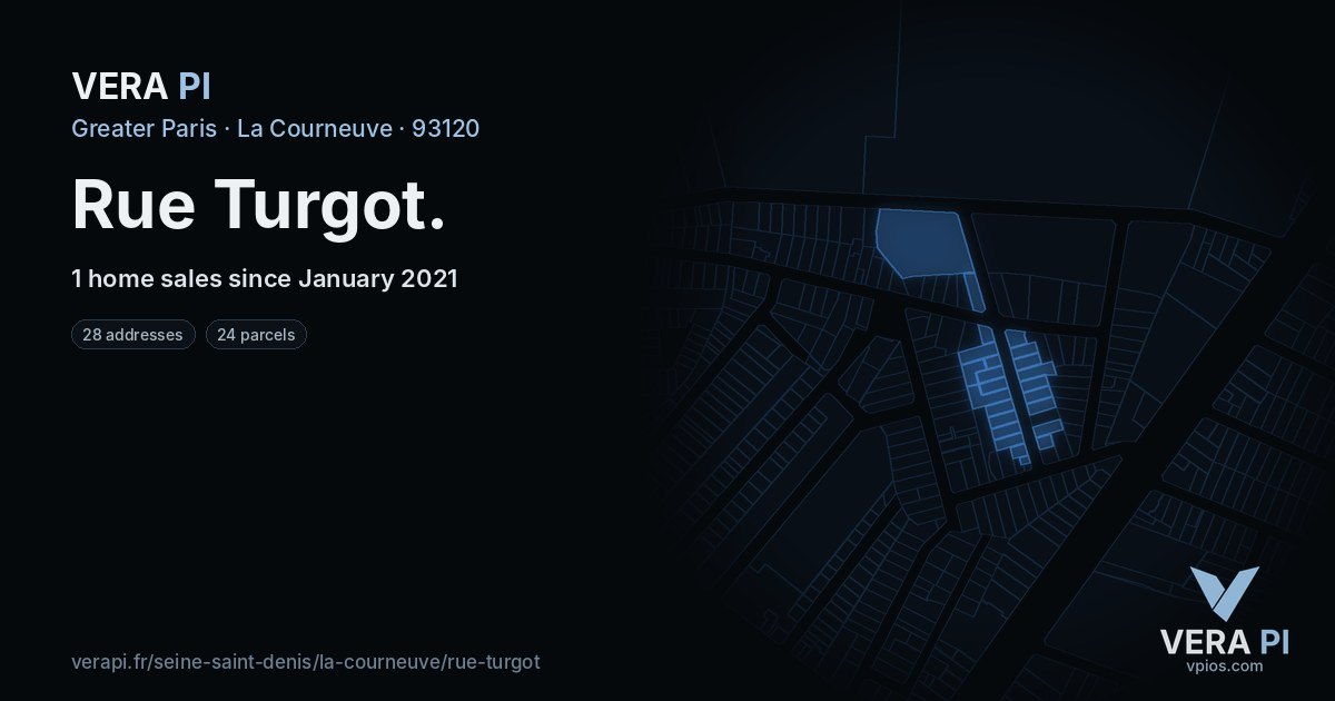 Rue Turgot, La Courneuve at night – every parcel coloured by the prices around it, the street's own parcels lit