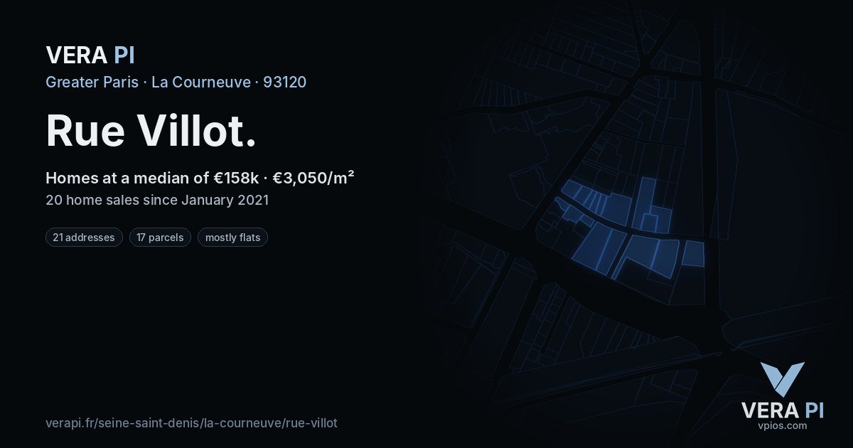 Rue Villot, La Courneuve at night – every parcel coloured by the prices around it, the street's own parcels lit