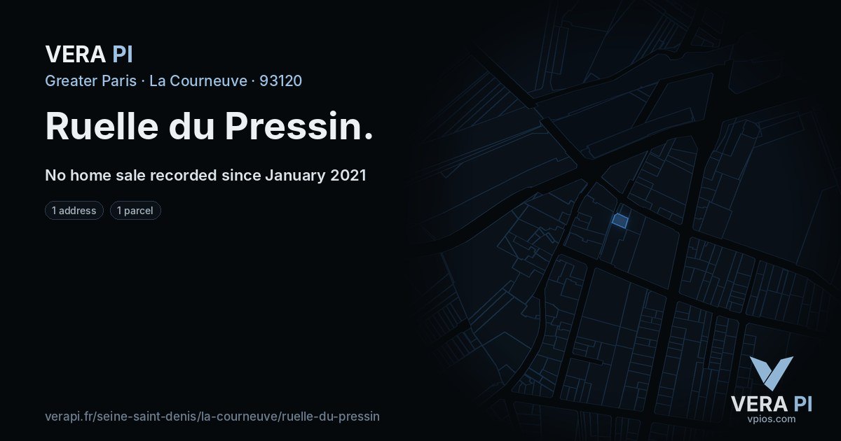 Ruelle du Pressin, La Courneuve at night – every parcel coloured by the prices around it, the street's own parcels lit