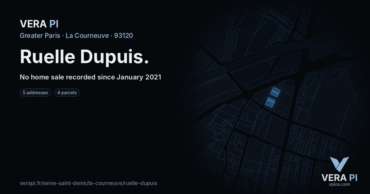 Ruelle Dupuis, La Courneuve at night – every parcel coloured by the prices around it, the street's own parcels lit