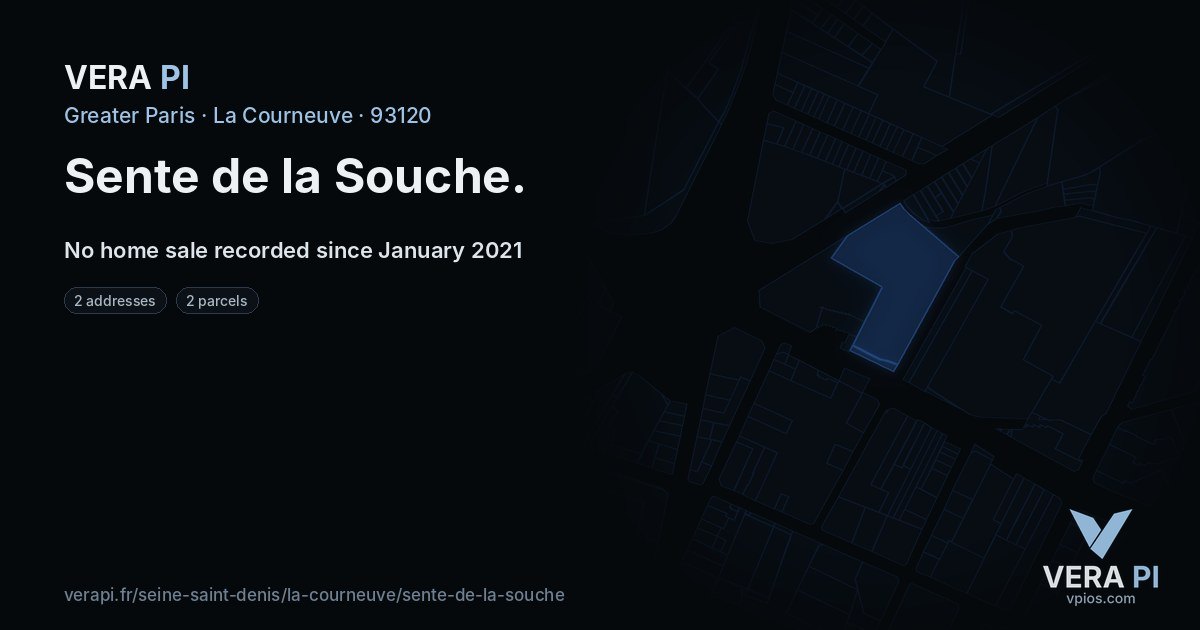 Sente de la Souche, La Courneuve at night – every parcel coloured by the prices around it, the street's own parcels lit