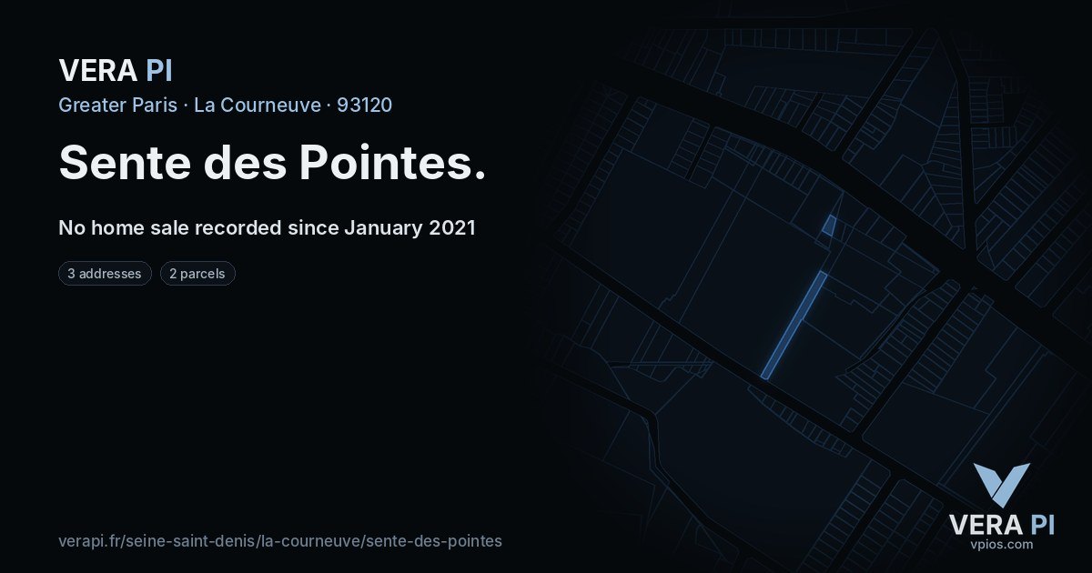 Sente des Pointes, La Courneuve at night – every parcel coloured by the prices around it, the street's own parcels lit