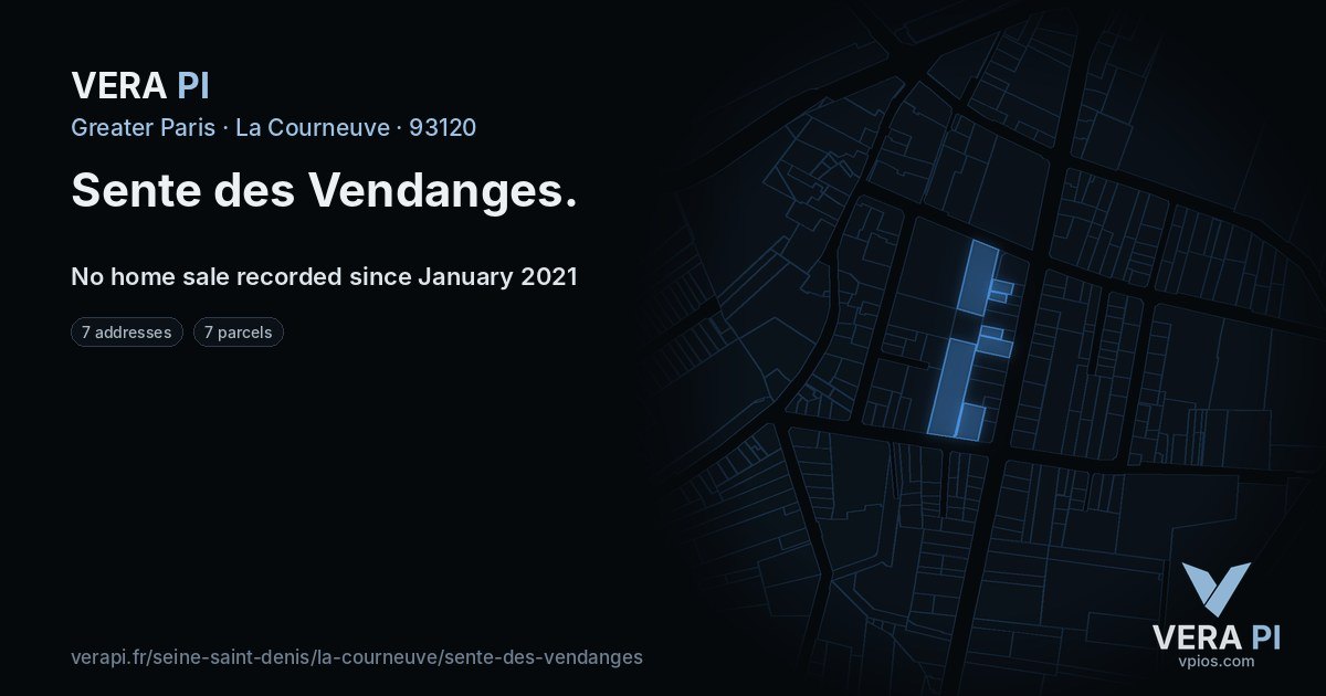 Sente des Vendanges, La Courneuve at night – every parcel coloured by the prices around it, the street's own parcels lit