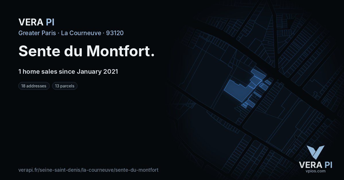 Sente du Montfort, La Courneuve at night – every parcel coloured by the prices around it, the street's own parcels lit