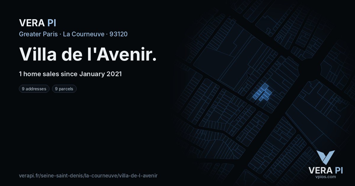 Villa de l'Avenir, La Courneuve at night – every parcel coloured by the prices around it, the street's own parcels lit