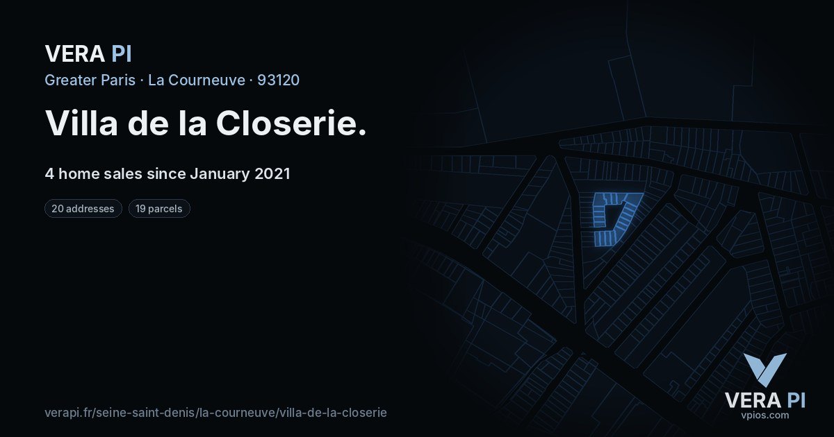 Villa de la Closerie, La Courneuve at night – every parcel coloured by the prices around it, the street's own parcels lit