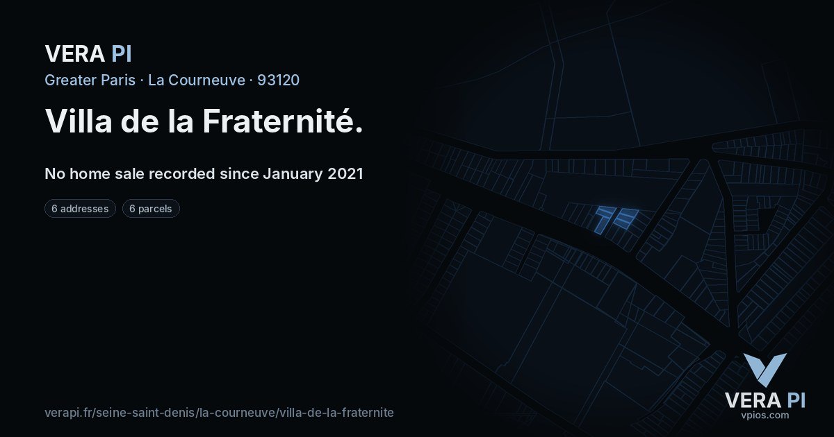 Villa de la Fraternité, La Courneuve at night – every parcel coloured by the prices around it, the street's own parcels lit