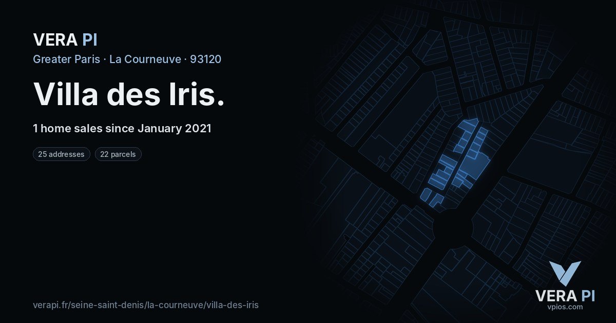 Villa des Iris, La Courneuve at night – every parcel coloured by the prices around it, the street's own parcels lit