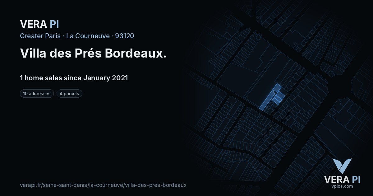 Villa des Prés Bordeaux, La Courneuve at night – every parcel coloured by the prices around it, the street's own parcels lit
