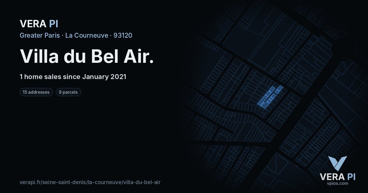 Villa du Bel Air, La Courneuve at night – every parcel coloured by the prices around it, the street's own parcels lit