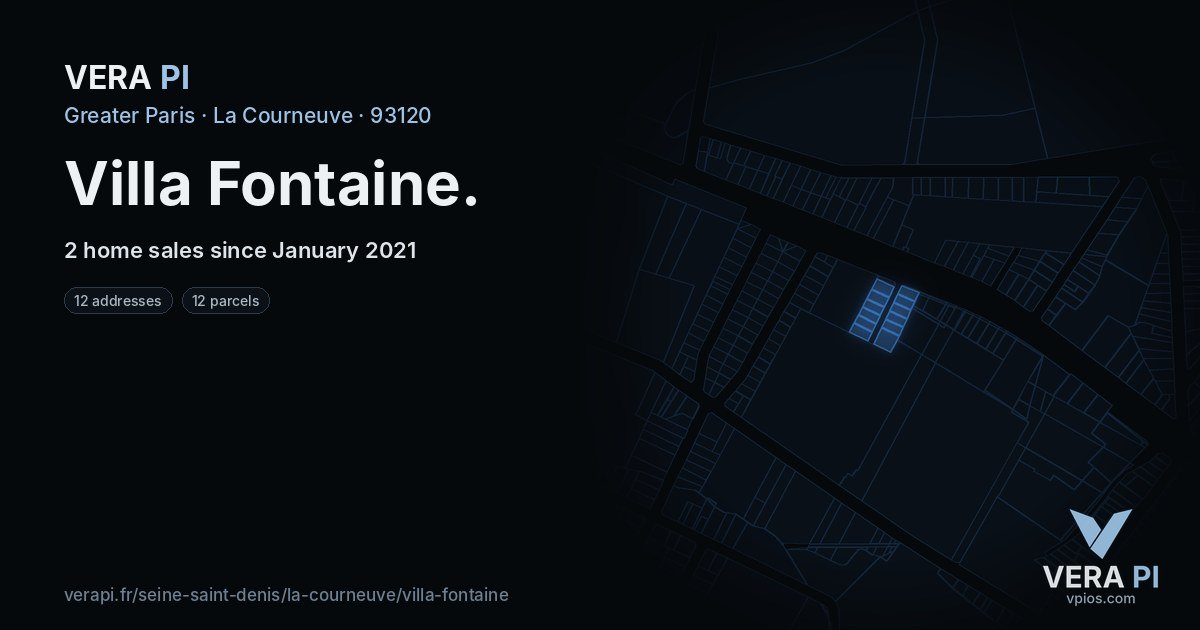 Villa Fontaine, La Courneuve at night – every parcel coloured by the prices around it, the street's own parcels lit