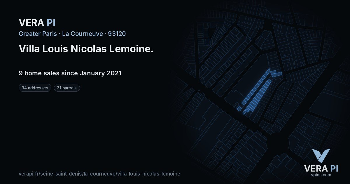 Villa Louis Nicolas Lemoine, La Courneuve at night – every parcel coloured by the prices around it, the street's own parcels lit