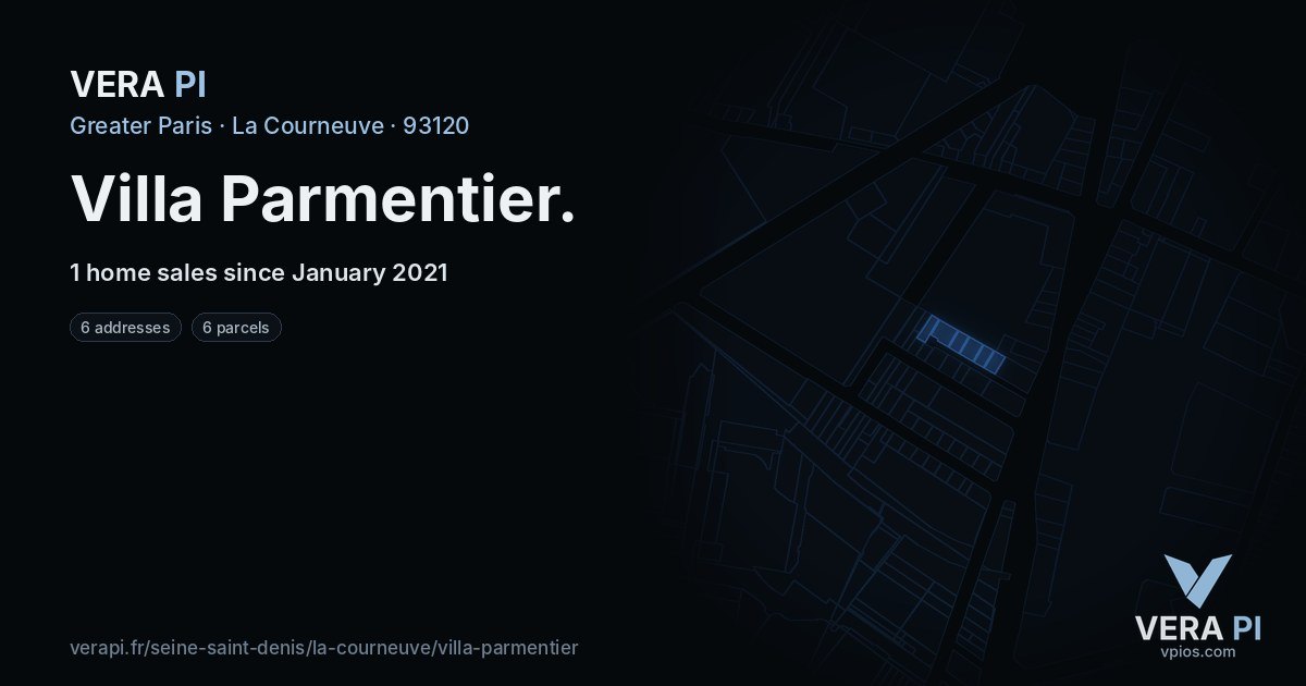 Villa Parmentier, La Courneuve at night – every parcel coloured by the prices around it, the street's own parcels lit