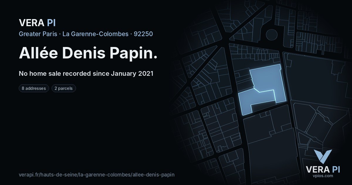 Allée Denis Papin, La Garenne-Colombes at night – every parcel coloured by the prices around it, the street's own parcels lit