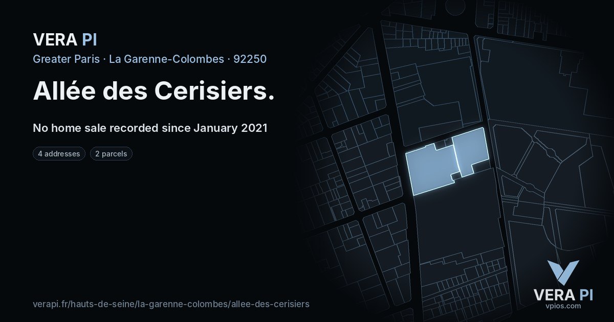 Allée des Cerisiers, La Garenne-Colombes at night – every parcel coloured by the prices around it, the street's own parcels lit