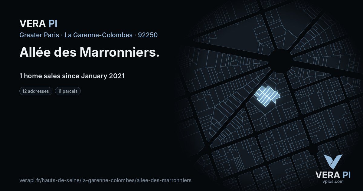 Allée des Marronniers, La Garenne-Colombes at night – every parcel coloured by the prices around it, the street's own parcels lit