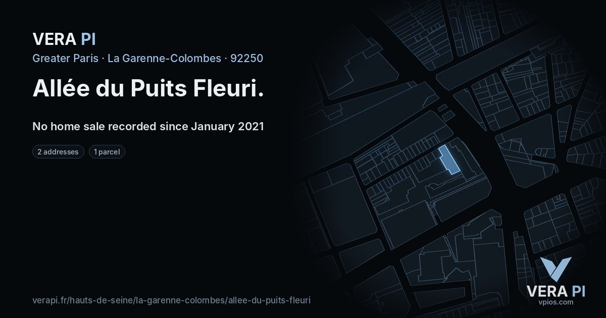 Allée du Puits Fleuri, La Garenne-Colombes at night – every parcel coloured by the prices around it, the street's own parcels lit