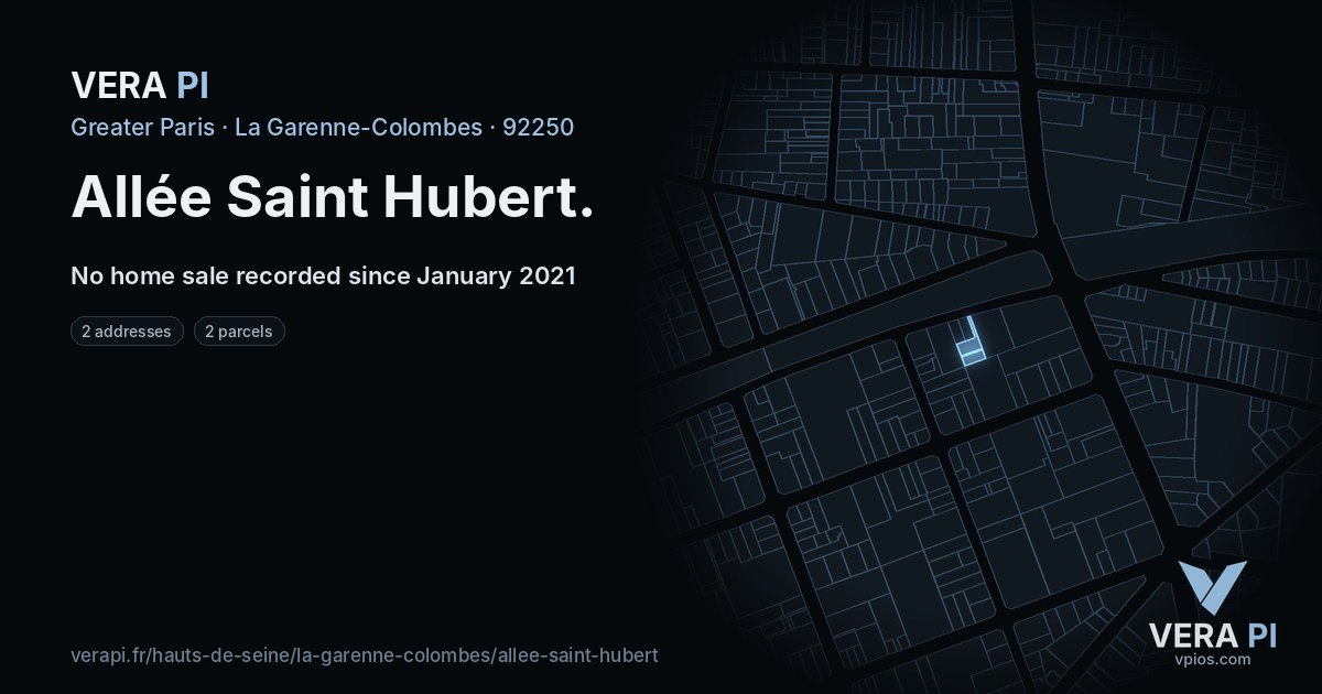 Allée Saint Hubert, La Garenne-Colombes at night – every parcel coloured by the prices around it, the street's own parcels lit