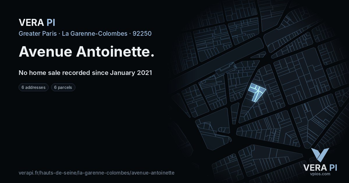 Avenue Antoinette, La Garenne-Colombes at night – every parcel coloured by the prices around it, the street's own parcels lit