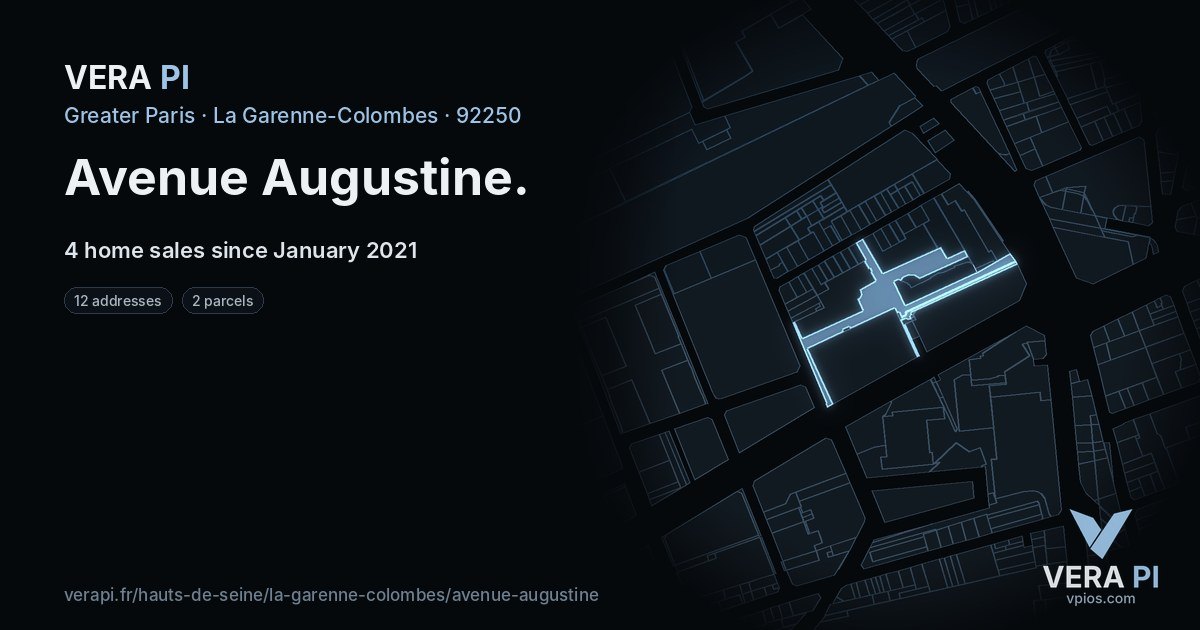 Avenue Augustine, La Garenne-Colombes at night – every parcel coloured by the prices around it, the street's own parcels lit