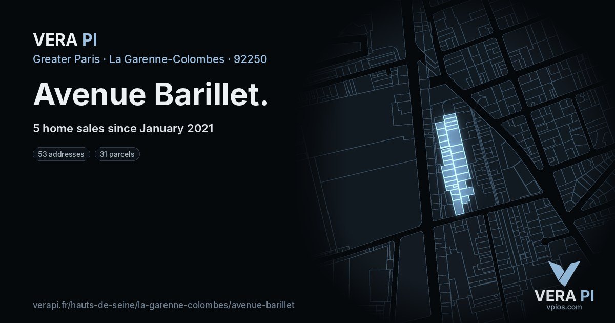 Avenue Barillet, La Garenne-Colombes at night – every parcel coloured by the prices around it, the street's own parcels lit