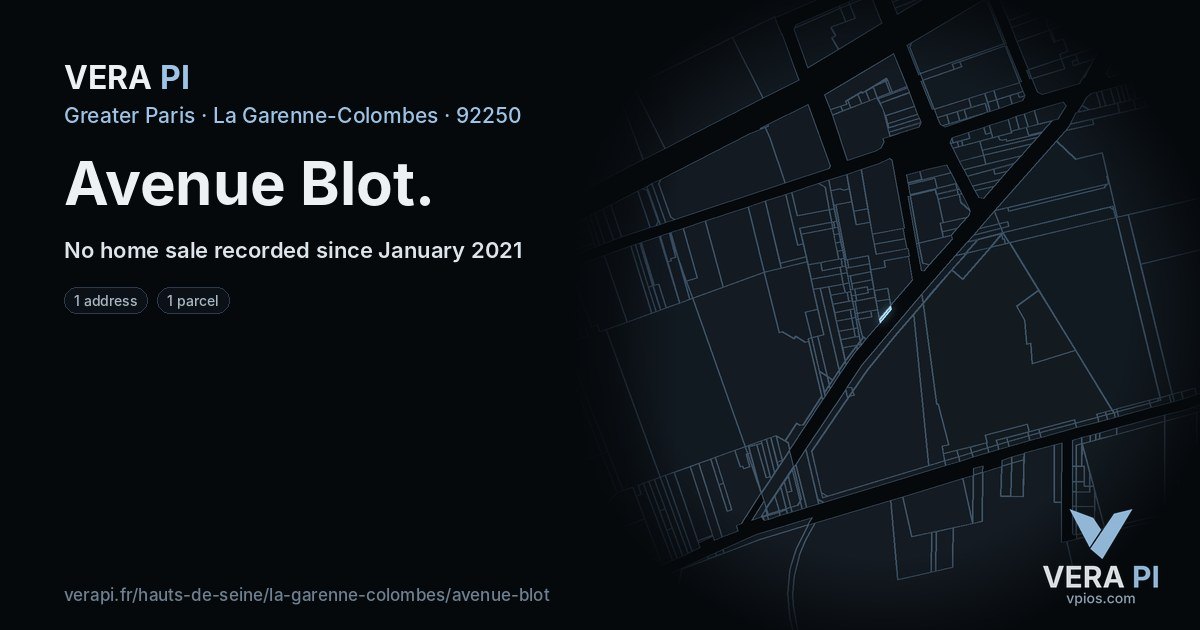 Avenue Blot, La Garenne-Colombes at night – every parcel coloured by the prices around it, the street's own parcels lit
