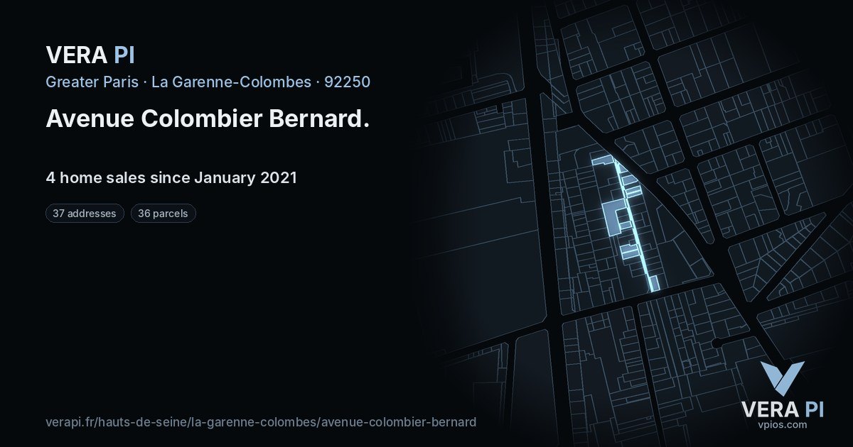 Avenue Colombier Bernard, La Garenne-Colombes at night – every parcel coloured by the prices around it, the street's own parcels lit