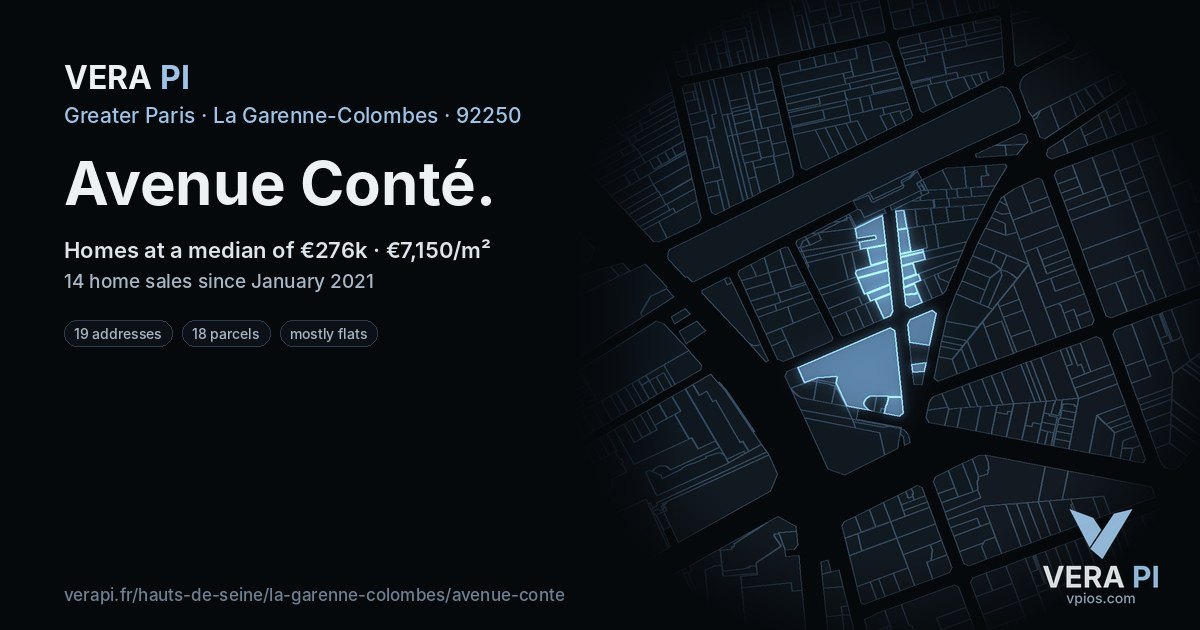 Avenue Conté, La Garenne-Colombes at night – every parcel coloured by the prices around it, the street's own parcels lit