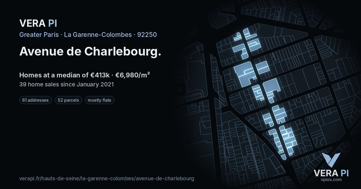 Avenue de Charlebourg, La Garenne-Colombes at night – every parcel coloured by the prices around it, the street's own parcels lit