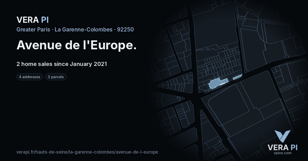 Avenue de l'Europe, La Garenne-Colombes at night – every parcel coloured by the prices around it, the street's own parcels lit