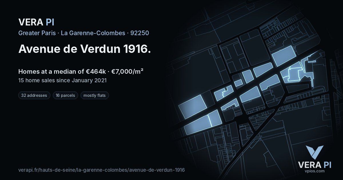 Avenue de Verdun 1916, La Garenne-Colombes at night – every parcel coloured by the prices around it, the street's own parcels lit