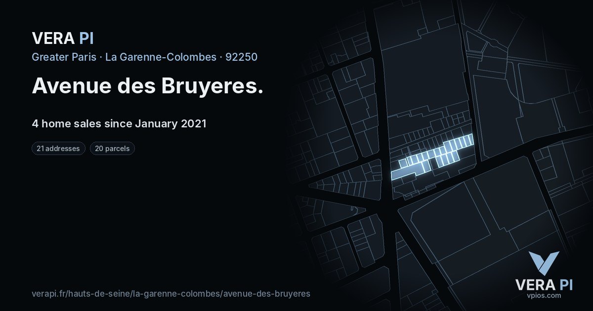 Avenue des Bruyeres, La Garenne-Colombes at night – every parcel coloured by the prices around it, the street's own parcels lit
