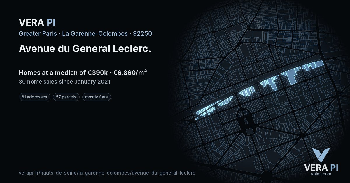 Avenue du General Leclerc, La Garenne-Colombes at night – every parcel coloured by the prices around it, the street's own parcels lit