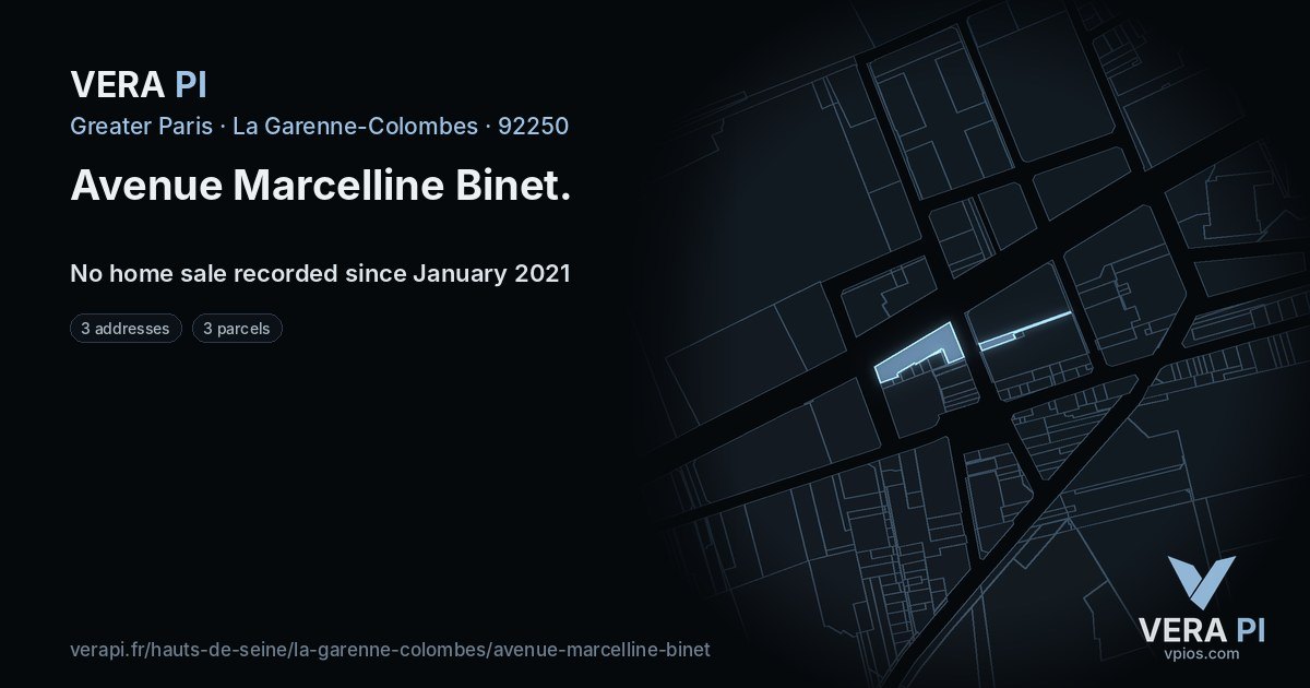 Avenue Marcelline Binet, La Garenne-Colombes at night – every parcel coloured by the prices around it, the street's own parcels lit