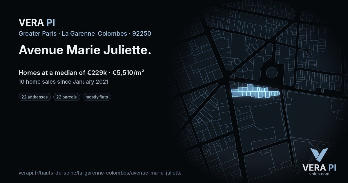 Avenue Marie Juliette, La Garenne-Colombes at night – every parcel coloured by the prices around it, the street's own parcels lit