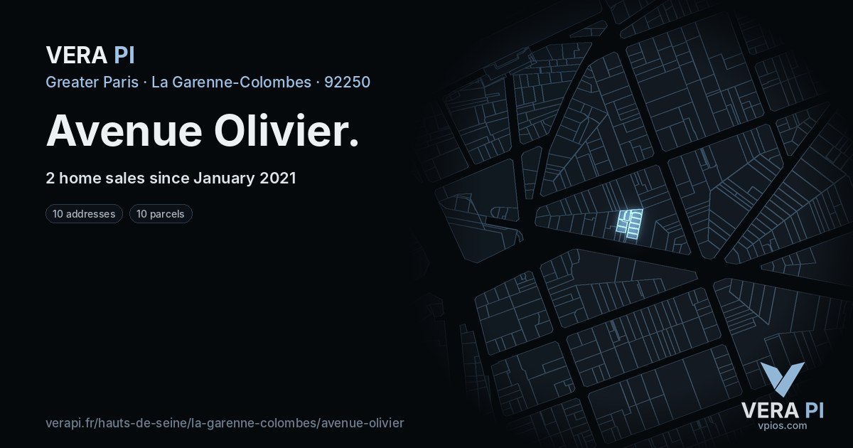 Avenue Olivier, La Garenne-Colombes at night – every parcel coloured by the prices around it, the street's own parcels lit