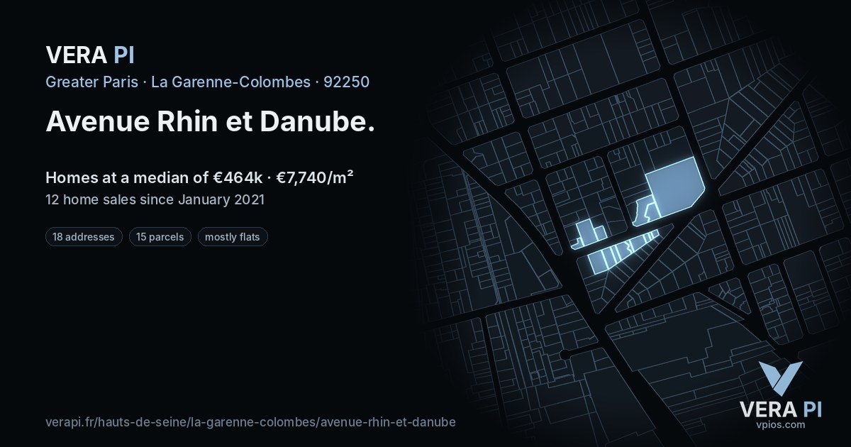 Avenue Rhin et Danube, La Garenne-Colombes at night – every parcel coloured by the prices around it, the street's own parcels lit