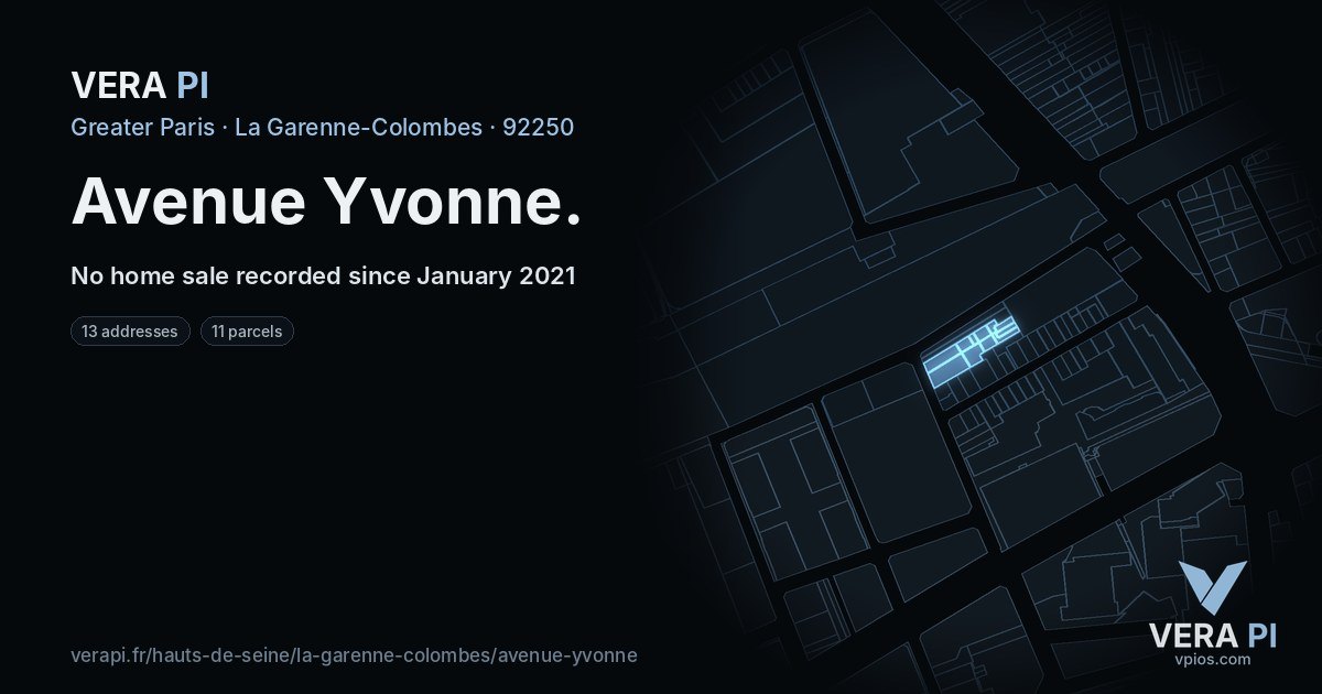 Avenue Yvonne, La Garenne-Colombes at night – every parcel coloured by the prices around it, the street's own parcels lit