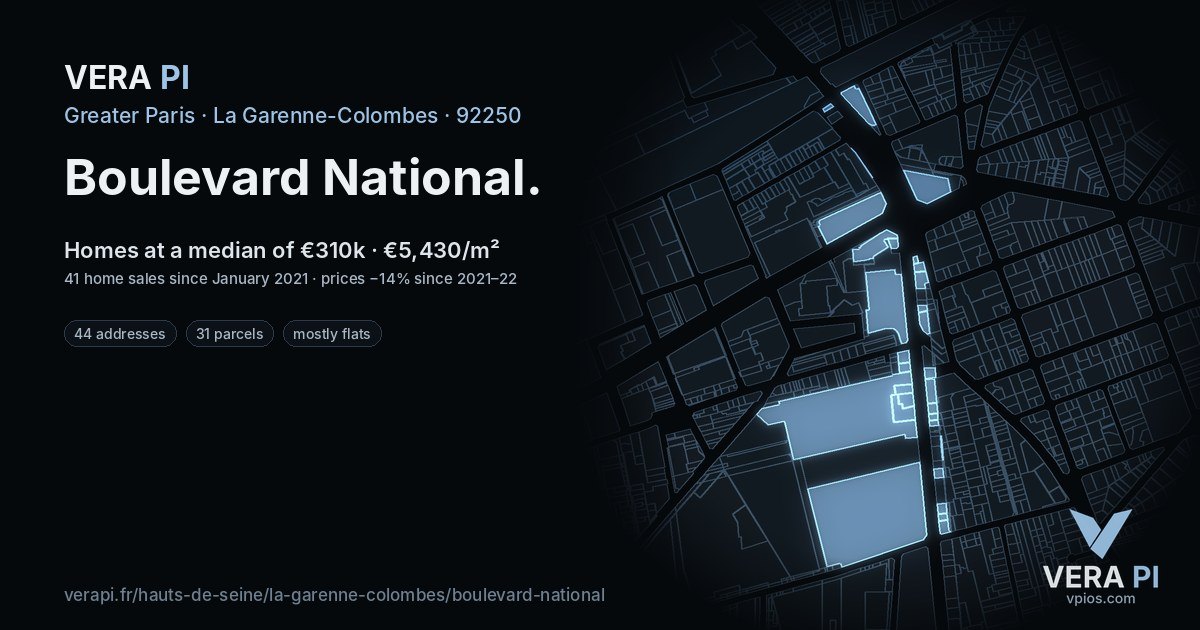 Boulevard National, La Garenne-Colombes at night – every parcel coloured by the prices around it, the street's own parcels lit