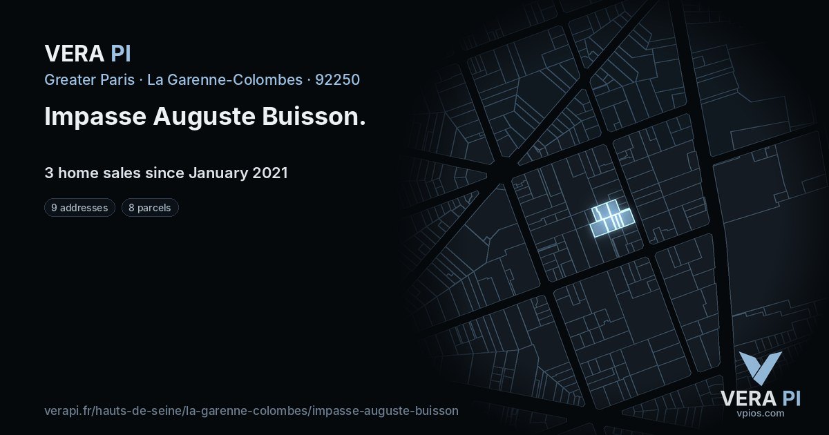 Impasse Auguste Buisson, La Garenne-Colombes at night – every parcel coloured by the prices around it, the street's own parcels lit