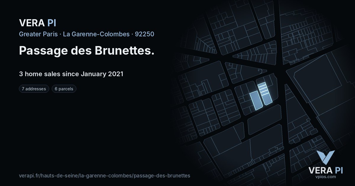 Passage des Brunettes, La Garenne-Colombes at night – every parcel coloured by the prices around it, the street's own parcels lit