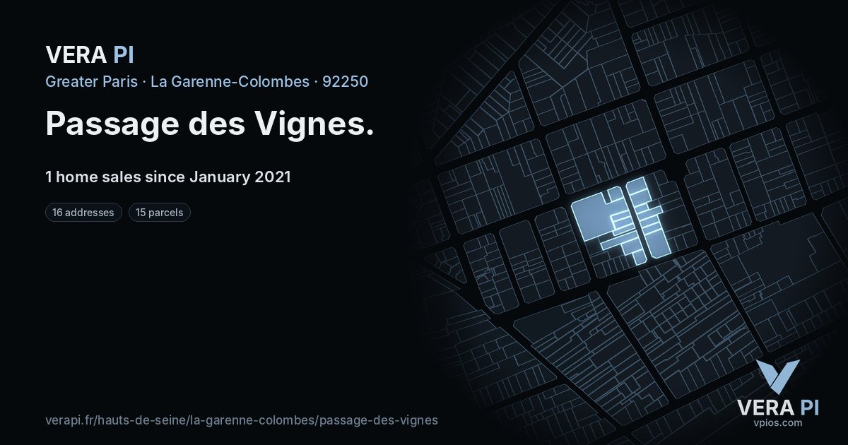 Passage des Vignes, La Garenne-Colombes at night – every parcel coloured by the prices around it, the street's own parcels lit