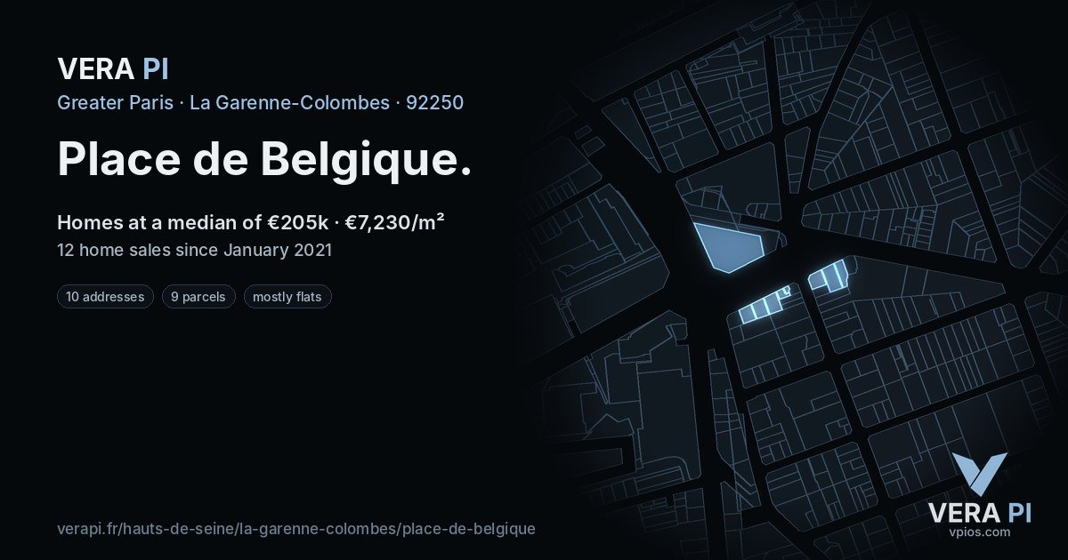 Place de Belgique, La Garenne-Colombes at night – every parcel coloured by the prices around it, the street's own parcels lit