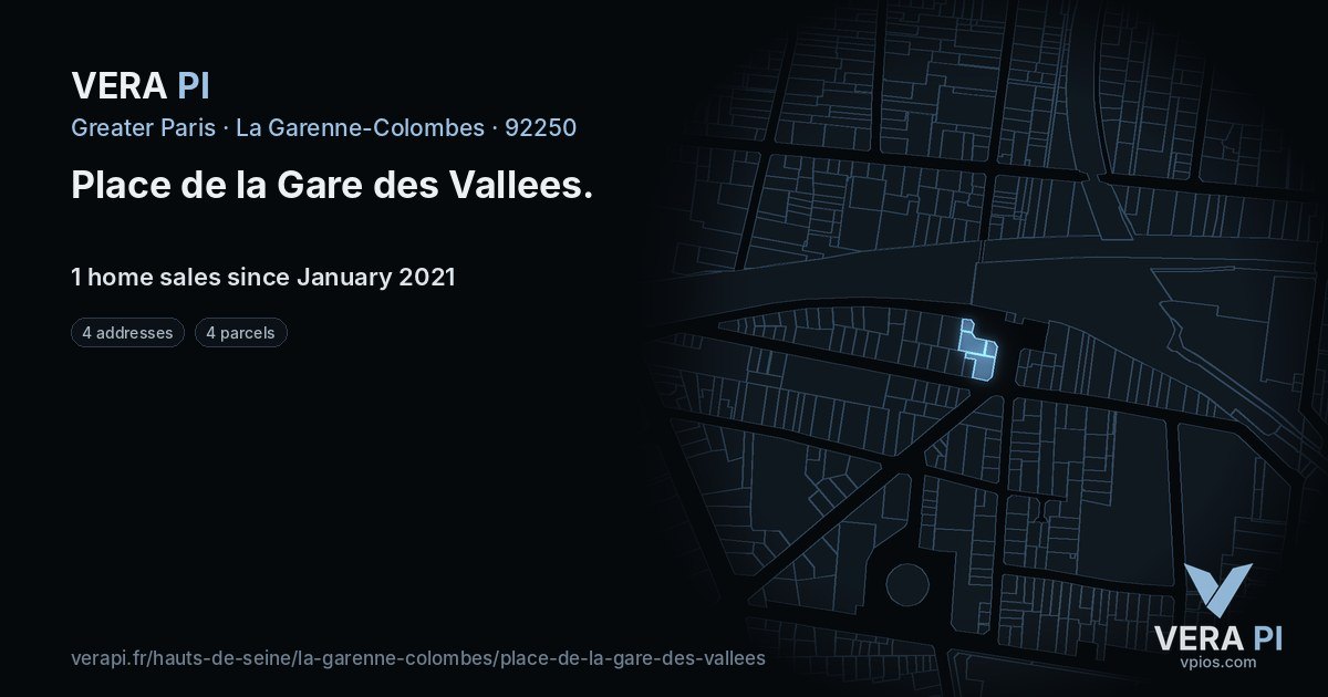 Place de la Gare des Vallees, La Garenne-Colombes at night – every parcel coloured by the prices around it, the street's own parcels lit