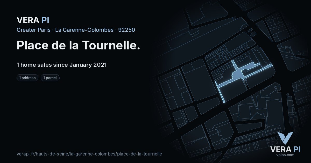 Place de la Tournelle, La Garenne-Colombes at night – every parcel coloured by the prices around it, the street's own parcels lit