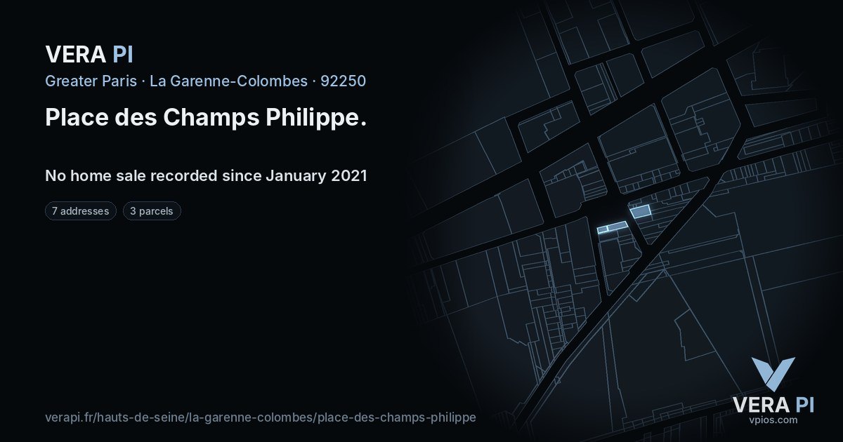 Place des Champs Philippe, La Garenne-Colombes at night – every parcel coloured by the prices around it, the street's own parcels lit