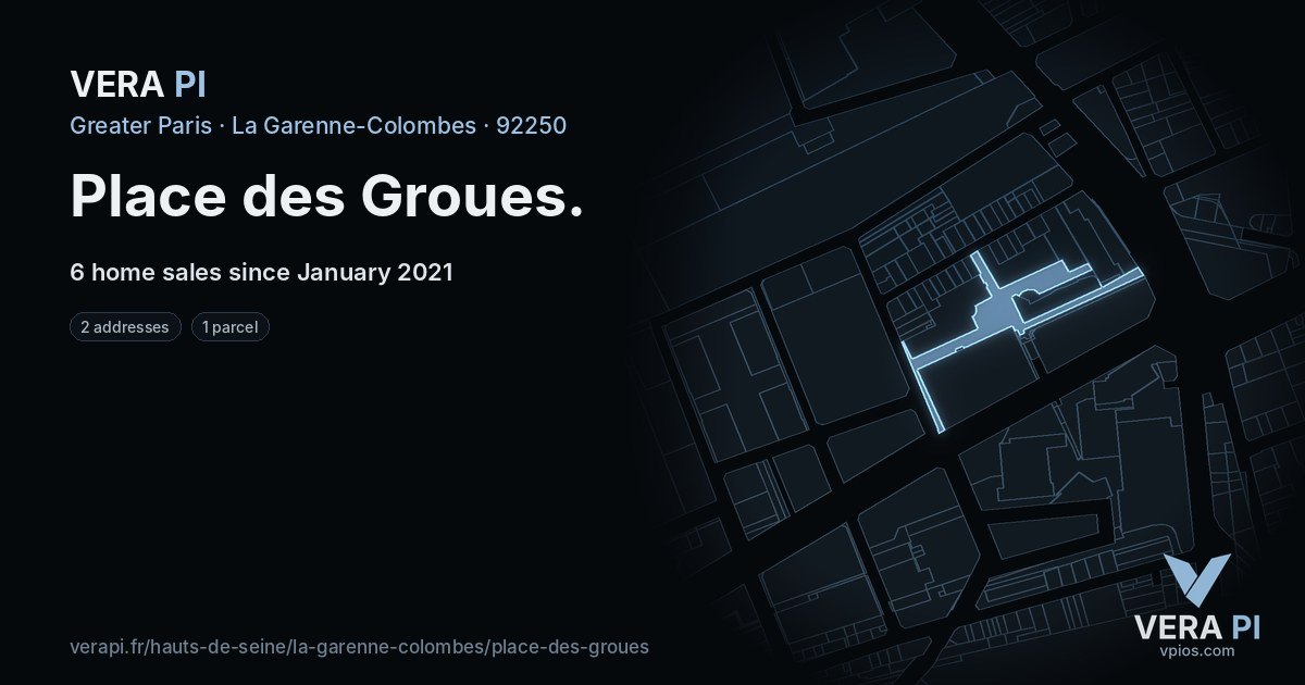 Place des Groues, La Garenne-Colombes at night – every parcel coloured by the prices around it, the street's own parcels lit