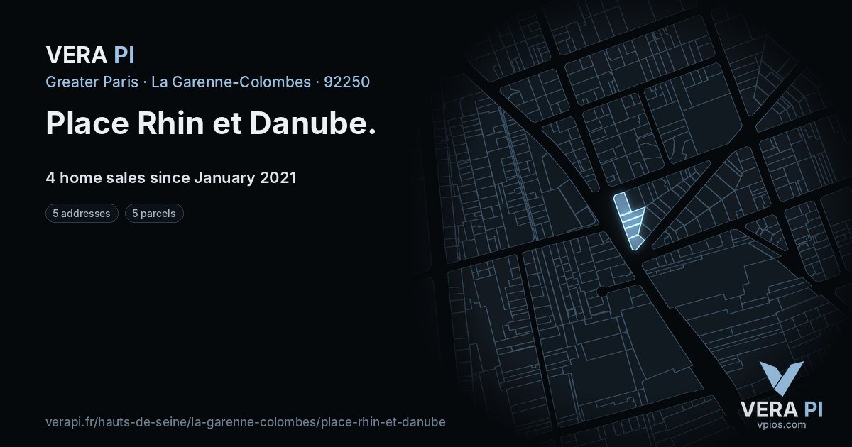 Place Rhin et Danube, La Garenne-Colombes at night – every parcel coloured by the prices around it, the street's own parcels lit